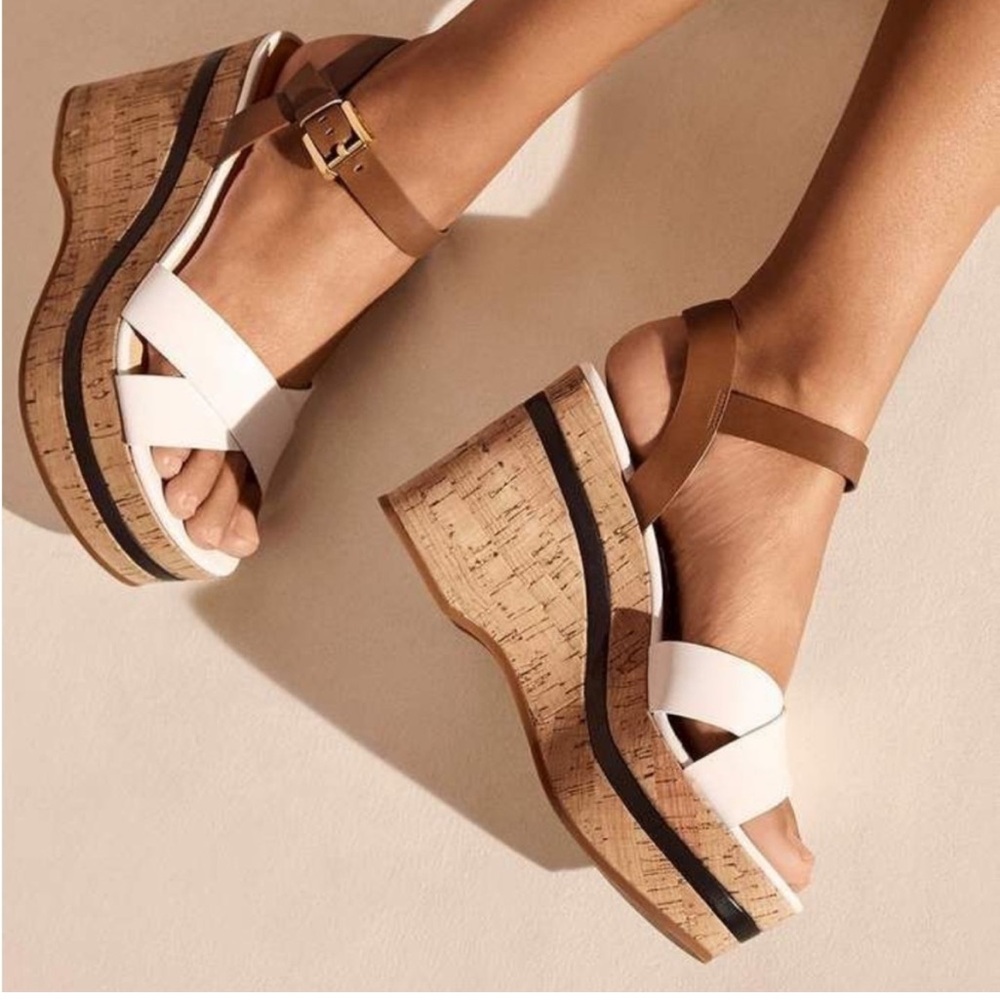 Michael Kors Chandler Brown and White Wedge Cork Platform Sandals
